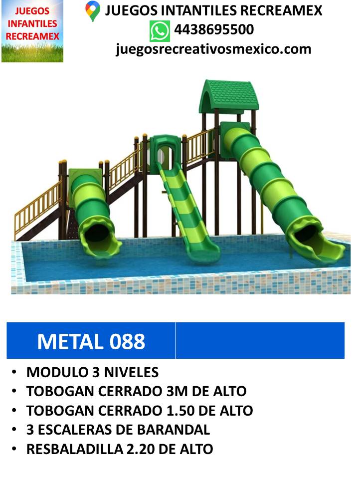 modulo de metal con resbaadilla, 2 toboganes,torre de metal, escalera con barandal